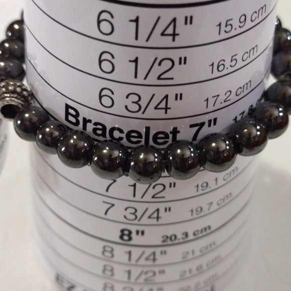 HEMATITE BEADED SILVER-TONE KARMA CHARM STRETCH BRACELET - Picture 6 of 9